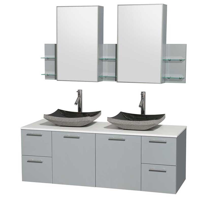 Amare 60" Double Bathroom Vanity in Dove Gray, White Man-Made Stone Countertop, Altair Black Granite Sinks and Medicine Cabinet
