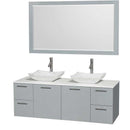 Amare 60" Double Bathroom Vanity in Dove Gray, White Man-Made Stone Countertop, Avalon White Carrera Marble Sinks and 58" Mirror