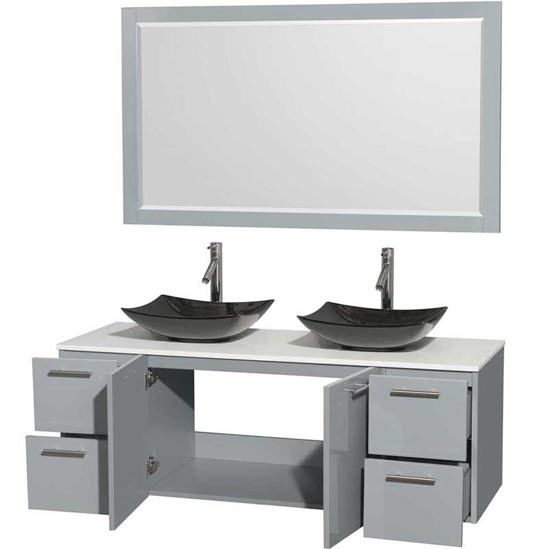 Amare 60" Double Bathroom Vanity in Dove Gray, White Man-Made Stone Countertop, Arista Black Granite Sinks and 58" Mirror 2
