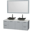 Amare 60" Double Bathroom Vanity in Dove Gray, White Man-Made Stone Countertop, Arista Black Granite Sinks and 58" Mirror