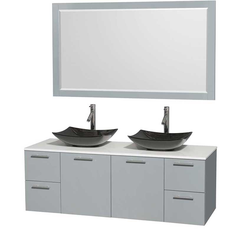 Amare 60" Double Bathroom Vanity in Dove Gray, White Man-Made Stone Countertop, Arista Black Granite Sinks and 58" Mirror