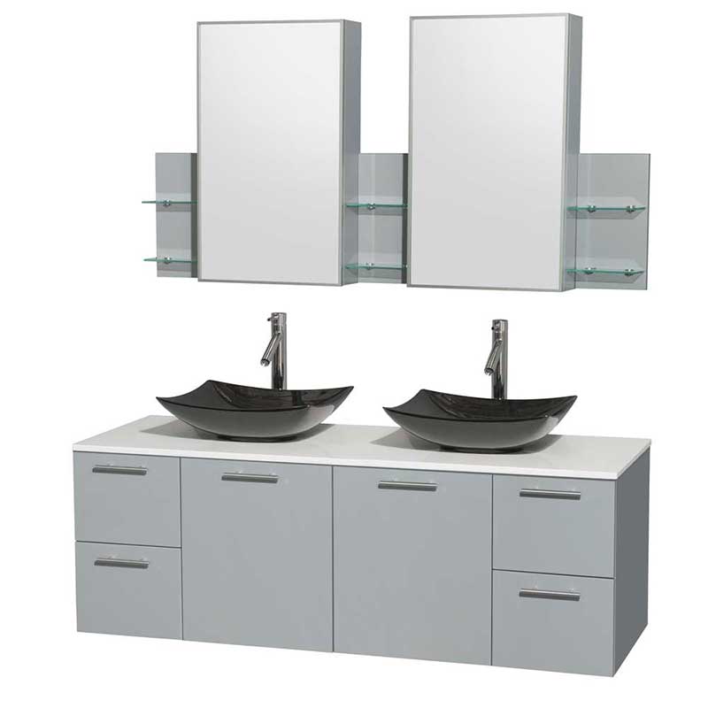 Amare 60" Double Bathroom Vanity in Dove Gray, White Man-Made Stone Countertop, Arista Black Granite Sinks and Medicine Cabinet
