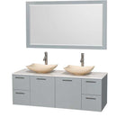 Amare 60" Double Bathroom Vanity in Dove Gray, White Man-Made Stone Countertop, Arista Ivory Marble Sinks and 58" Mirror