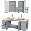 Amare 60" Double Bathroom Vanity in Dove Gray, White Man-Made Stone Countertop, Arista Ivory Marble Sinks and Medicine Cabinet 2
