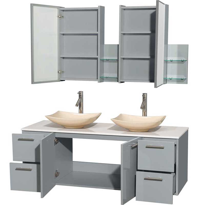 Amare 60" Double Bathroom Vanity in Dove Gray, White Man-Made Stone Countertop, Arista Ivory Marble Sinks and Medicine Cabinet 2