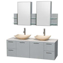 Amare 60" Double Bathroom Vanity in Dove Gray, White Man-Made Stone Countertop, Arista Ivory Marble Sinks and Medicine Cabinet