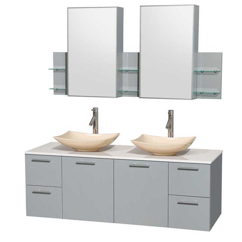 Amare 60" Double Bathroom Vanity in Dove Gray, White Man-Made Stone Countertop, Arista Ivory Marble Sinks and Medicine Cabinet