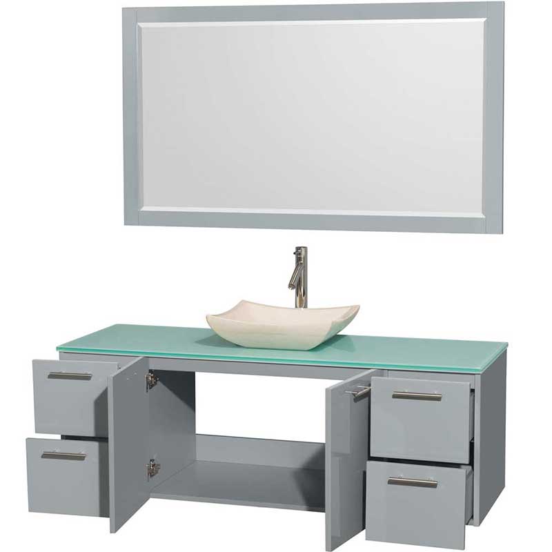 Amare 60" Single Bathroom Vanity in Dove Gray, Green Glass Countertop, Avalon Ivory Marble Sink and 58" Mirror 2