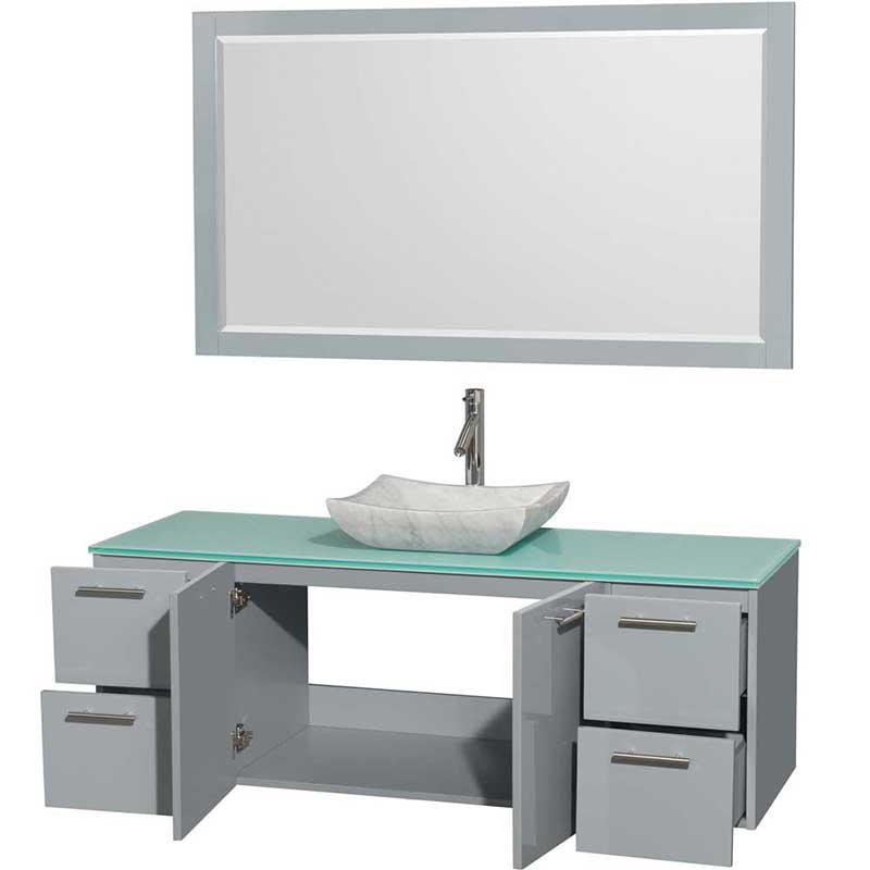 Amare 60" Single Bathroom Vanity in Dove Gray, Green Glass Countertop, Avalon White Carrera Marble Sink and 58" Mirror 2