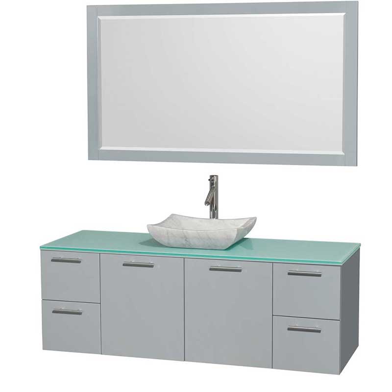 Amare 60" Single Bathroom Vanity in Dove Gray, Green Glass Countertop, Avalon White Carrera Marble Sink and 58" Mirror