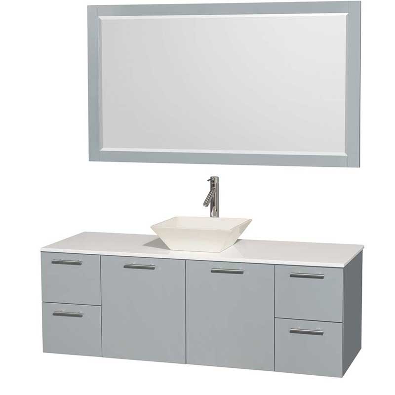 Amare 60" Single Bathroom Vanity in Dove Gray, White Man-Made Stone Countertop, Pyra Bone Porcelain Sink and 58" Mirror