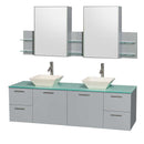 Amare 72" Double Bathroom Vanity in Dove Gray, Green Glass Countertop, Pyra Bone Porcelain Sinks and Medicine Cabinet