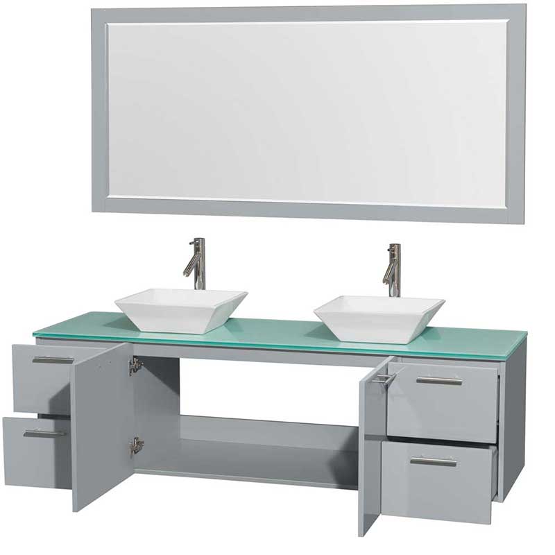 Amare 72" Double Bathroom Vanity in Dove Gray, Green Glass Countertop, Pyra White Porcelain Sinks and 70" Mirror 2