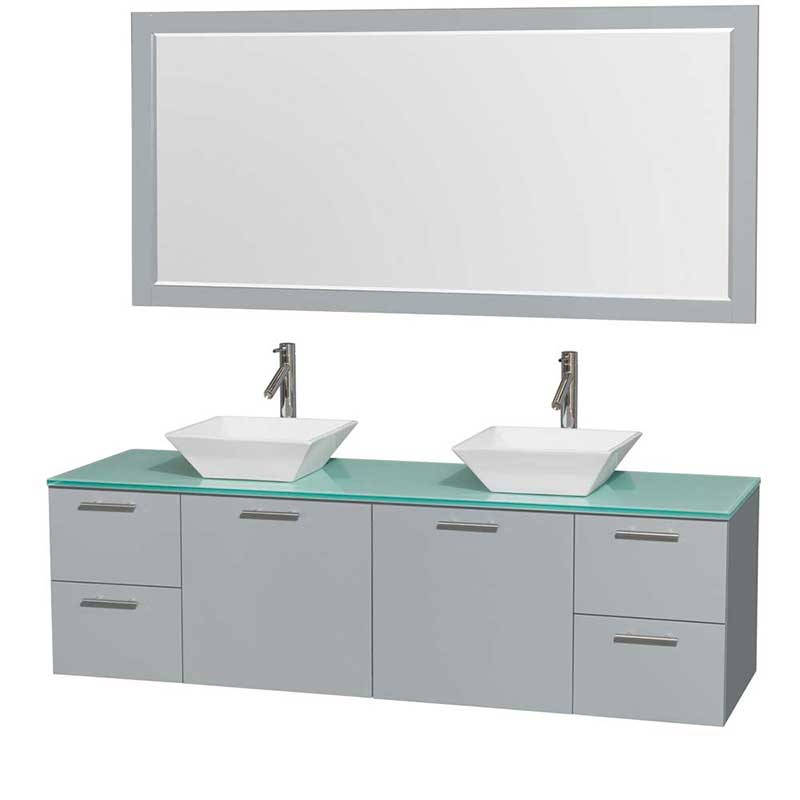 Amare 72" Double Bathroom Vanity in Dove Gray, Green Glass Countertop, Pyra White Porcelain Sinks and 70" Mirror