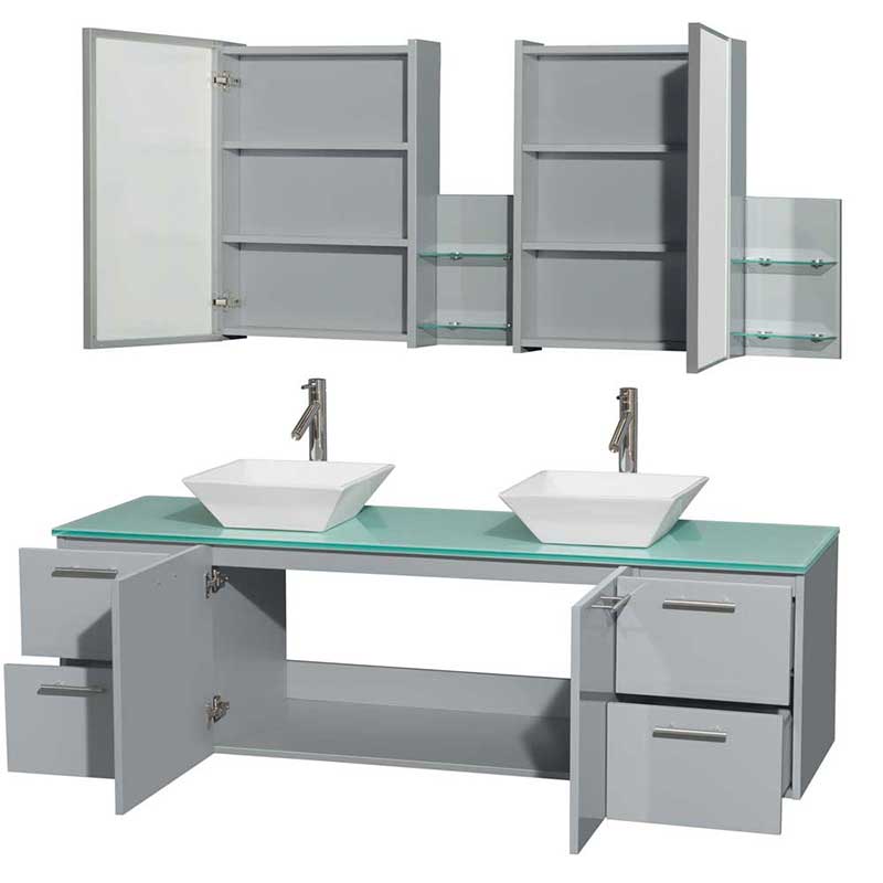 Amare 72" Double Bathroom Vanity in Dove Gray, Green Glass Countertop, Pyra White Porcelain Sinks and Medicine Cabinet 2