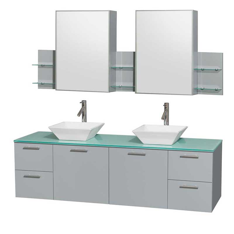 Amare 72" Double Bathroom Vanity in Dove Gray, Green Glass Countertop, Pyra White Porcelain Sinks and Medicine Cabinet