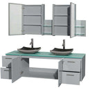 Amare 72" Double Bathroom Vanity in Dove Gray, Green Glass Countertop, Altair Black Granite Sinks and Medicine Cabinet 2