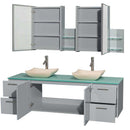 Amare 72" Double Bathroom Vanity in Dove Gray, Green Glass Countertop, Avalon Ivory Marble Sinks and Medicine Cabinet 2