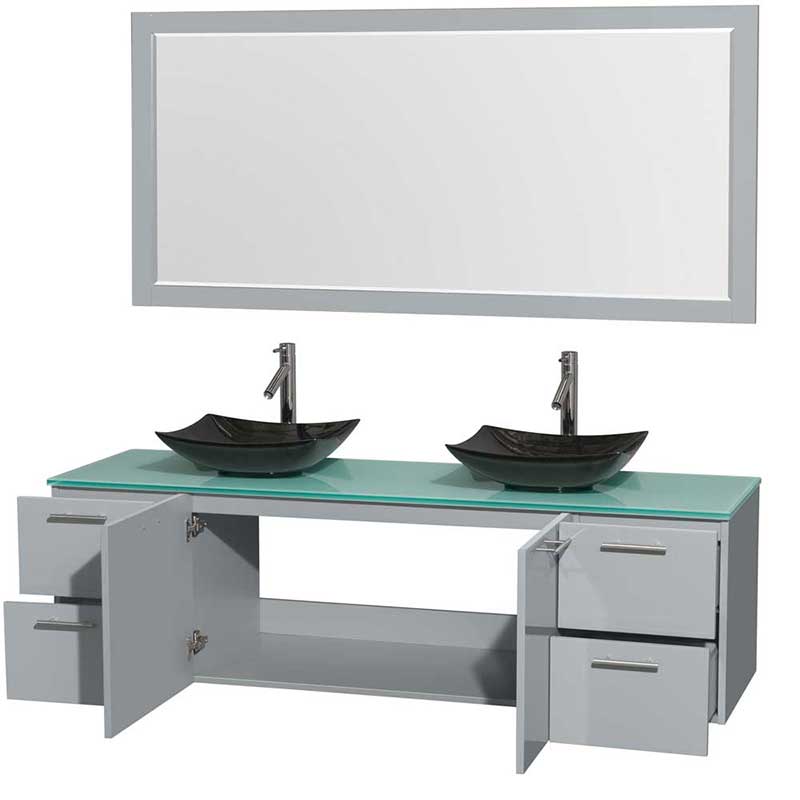 Amare 72" Double Bathroom Vanity in Dove Gray, Green Glass Countertop, Arista Black Granite Sinks and 70" Mirror 2