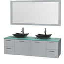 Amare 72" Double Bathroom Vanity in Dove Gray, Green Glass Countertop, Arista Black Granite Sinks and 70" Mirror