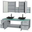 Amare 72" Double Bathroom Vanity in Dove Gray, Green Glass Countertop, Arista Black Granite Sinks and Medicine Cabinet 2
