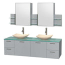 Amare 72" Double Bathroom Vanity in Dove Gray, Green Glass Countertop, Arista Ivory Marble Sinks and Medicine Cabinet