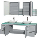 Amare 72" Double Bathroom Vanity in Dove Gray, Green Glass Countertop, Arista White Carrera Marble Sinks and Medicine Cabinet 2