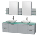 Amare 72" Double Bathroom Vanity in Dove Gray, Green Glass Countertop, Arista White Carrera Marble Sinks and Medicine Cabinet