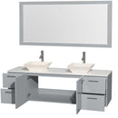 Amare 72" Double Bathroom Vanity in Dove Gray, White Man-Made Stone Countertop, Pyra Bone Porcelain Sinks and 70" Mirror 2