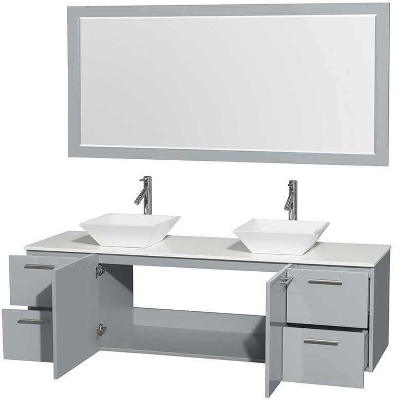 Amare 72" Double Bathroom Vanity in Dove Gray, White Man-Made Stone Countertop, Pyra White Porcelain Sinks and 70" Mirror 2