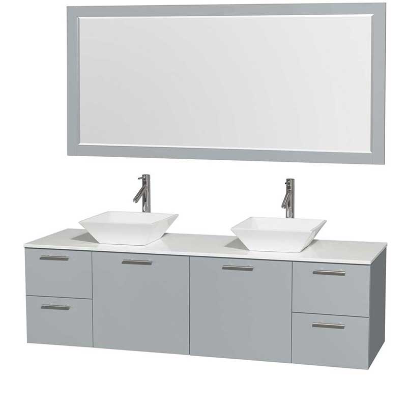 Amare 72" Double Bathroom Vanity in Dove Gray, White Man-Made Stone Countertop, Pyra White Porcelain Sinks and 70" Mirror