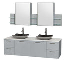 Amare 72" Double Bathroom Vanity in Dove Gray, White Man-Made Stone Countertop, Altair Black Granite Sinks and Medicine Cabinet