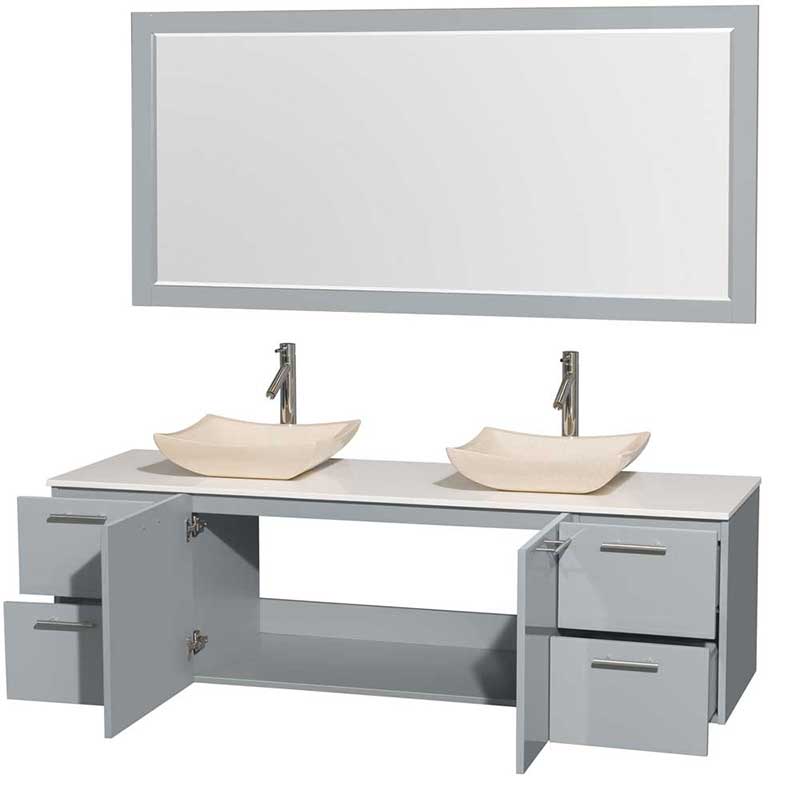 Amare 72" Double Bathroom Vanity in Dove Gray, White Man-Made Stone Countertop, Avalon Ivory Marble Sinks and 70" Mirror 2