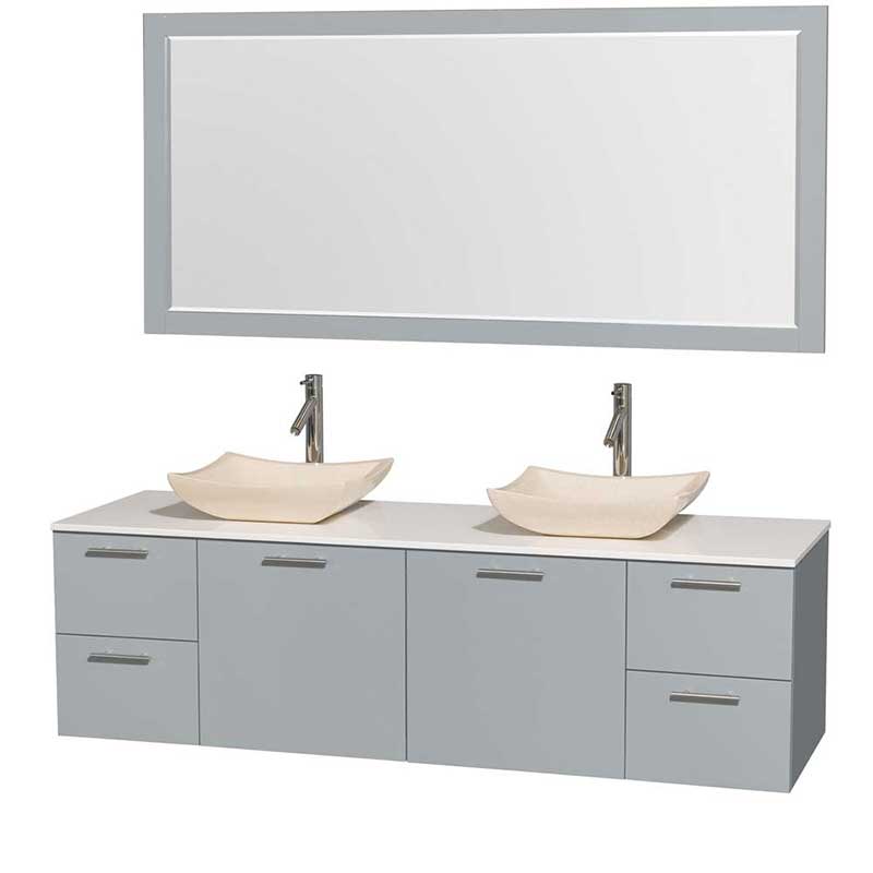 Amare 72" Double Bathroom Vanity in Dove Gray, White Man-Made Stone Countertop, Avalon Ivory Marble Sinks and 70" Mirror