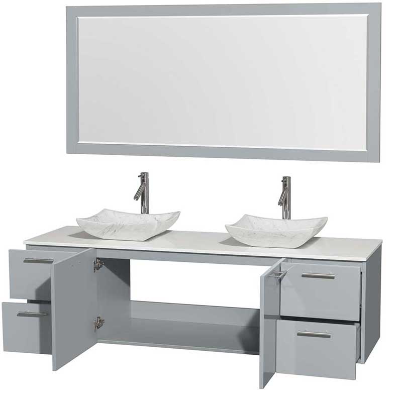 Amare 72" Double Bathroom Vanity in Dove Gray, White Man-Made Stone Countertop, Avalon White Carrera Marble Sinks and 70" Mirror 2