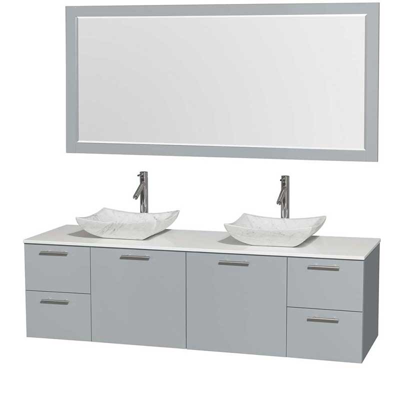 Amare 72" Double Bathroom Vanity in Dove Gray, White Man-Made Stone Countertop, Avalon White Carrera Marble Sinks and 70" Mirror