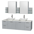 Amare 72" Double Bathroom Vanity in Dove Gray, White Man-Made Stone Countertop, Avalon White Carrera Marble Sinks and Medicine Cabinet