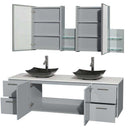 Amare 72" Double Bathroom Vanity in Dove Gray, White Man-Made Stone Countertop, Arista Black Granite Sinks and Medicine Cabinet 2