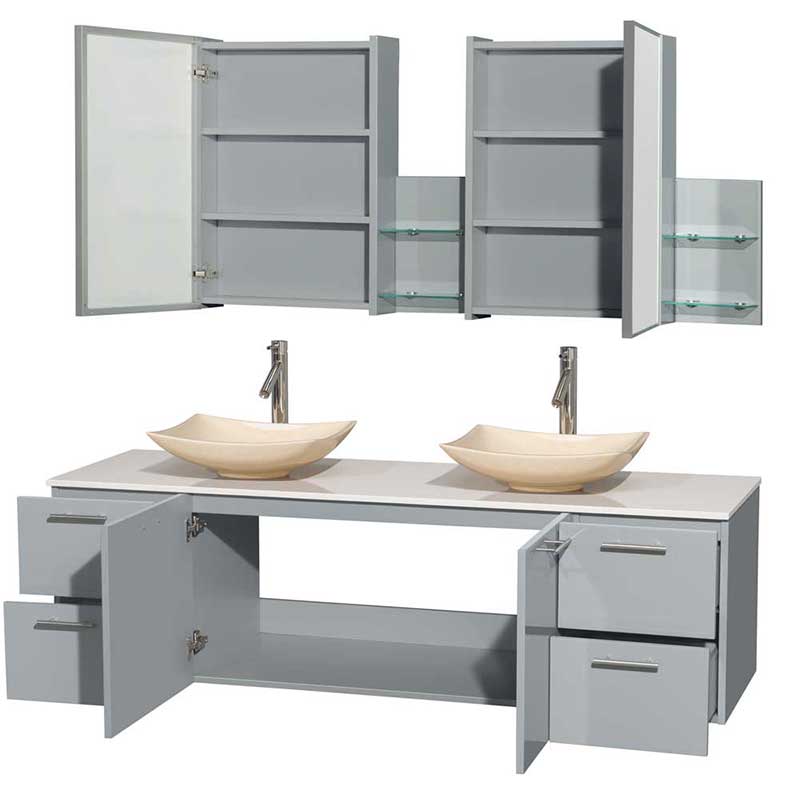 Amare 72" Double Bathroom Vanity in Dove Gray, White Man-Made Stone Countertop, Arista Ivory Marble Sinks and Medicine Cabinet 2