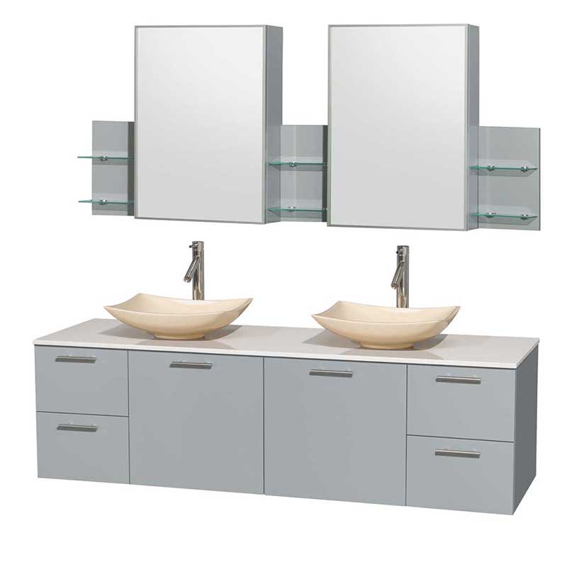 Amare 72" Double Bathroom Vanity in Dove Gray, White Man-Made Stone Countertop, Arista Ivory Marble Sinks and Medicine Cabinet