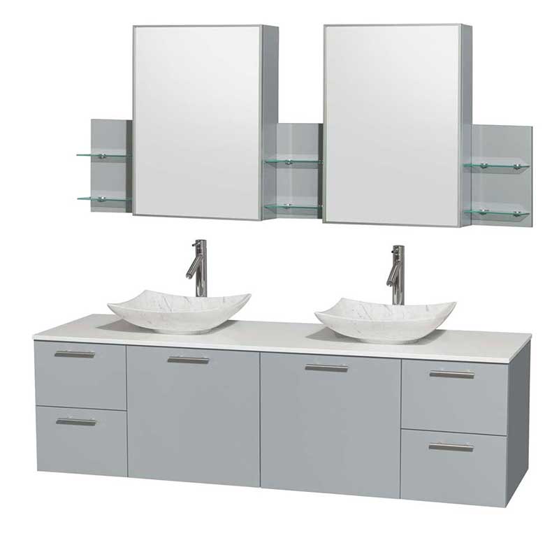Amare 72" Double Bathroom Vanity in Dove Gray, White Man-Made Stone Countertop, Arista White Carrera Marble Sinks and Medicine Cabinet