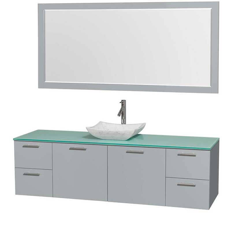Amare 72" Single Bathroom Vanity in Dove Gray, Green Glass Countertop, Avalon White Carrera Marble Sink and 70" Mirror