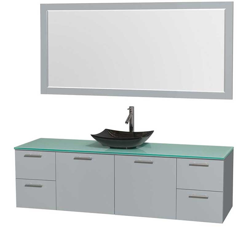 Amare 72" Single Bathroom Vanity in Dove Gray, Green Glass Countertop, Arista Black Granite Sink and 70" Mirror