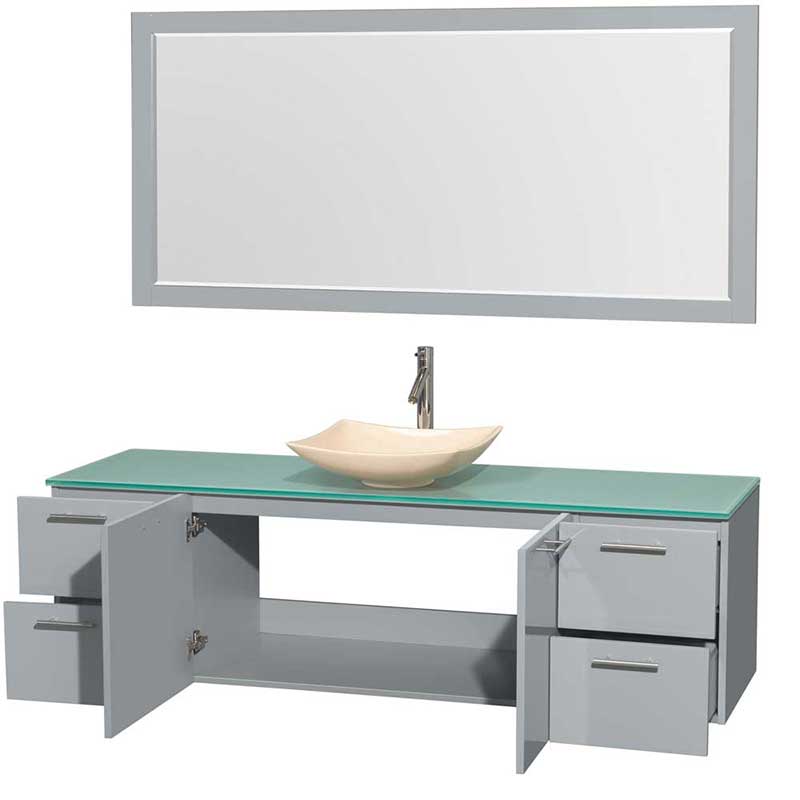Amare 72" Single Bathroom Vanity in Dove Gray, Green Glass Countertop, Arista Ivory Marble Sink and 70" Mirror 2