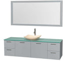 Amare 72" Single Bathroom Vanity in Dove Gray, Green Glass Countertop, Arista Ivory Marble Sink and 70" Mirror