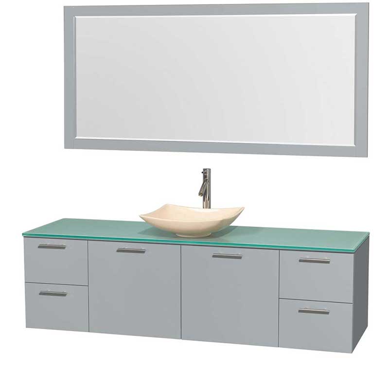 Amare 72" Single Bathroom Vanity in Dove Gray, Green Glass Countertop, Arista Ivory Marble Sink and 70" Mirror