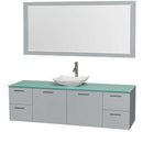 Amare 72" Single Bathroom Vanity in Dove Gray, Green Glass Countertop, Arista White Carrera Marble Sink and 70" Mirror