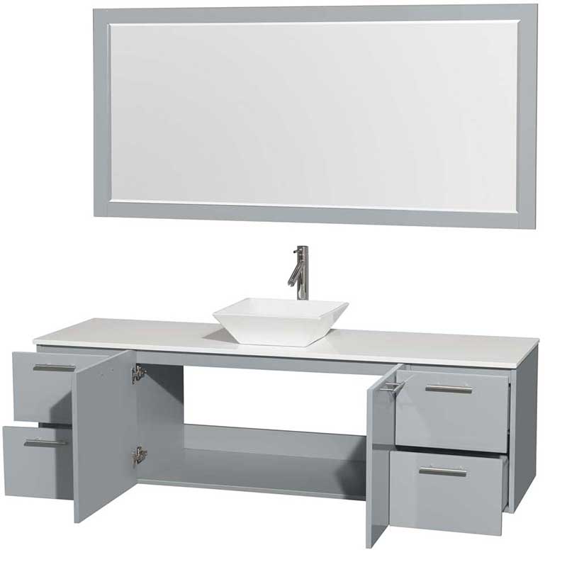 Amare 72" Single Bathroom Vanity in Dove Gray, White Man-Made Stone Countertop, Pyra White Porcelain Sink and 70" Mirror 2