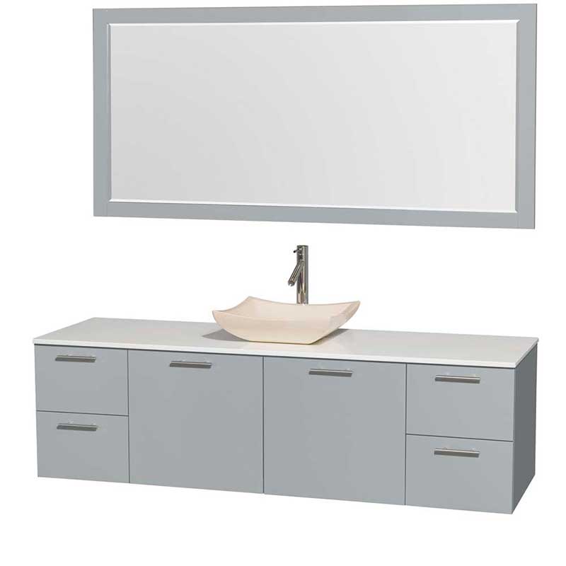 Amare 72" Single Bathroom Vanity in Dove Gray, White Man-Made Stone Countertop, Avalon Ivory Marble Sink and 70" Mirror