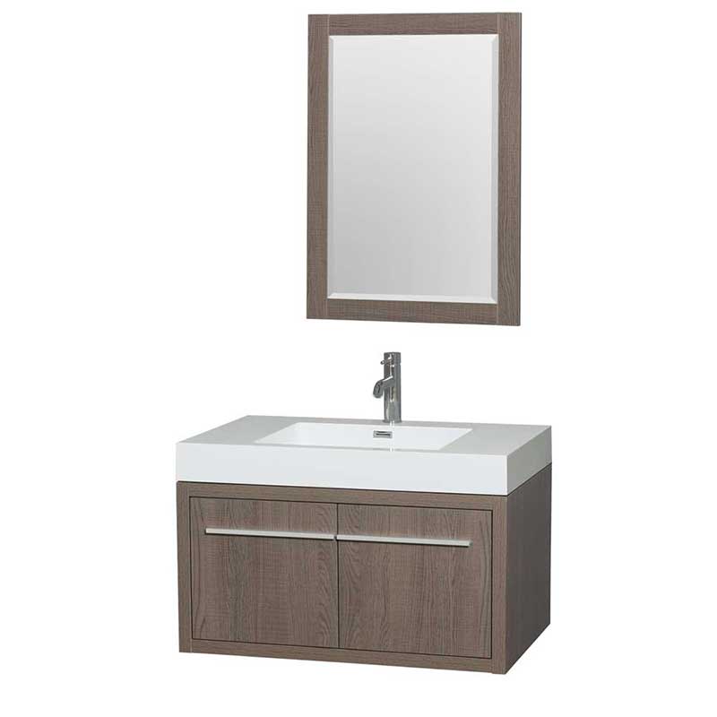 Axa 36" Single Bathroom Vanity in Gray Oak, Acrylic Resin Countertop, Integrated Sink and 24" Mirror